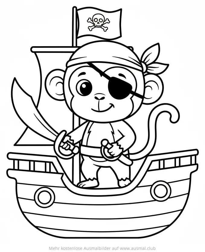 Affe als Pirat auf einem Schiff Ausmalbild