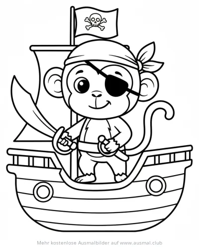 Affe als Pirat auf einem Schiff Ausmalbild
