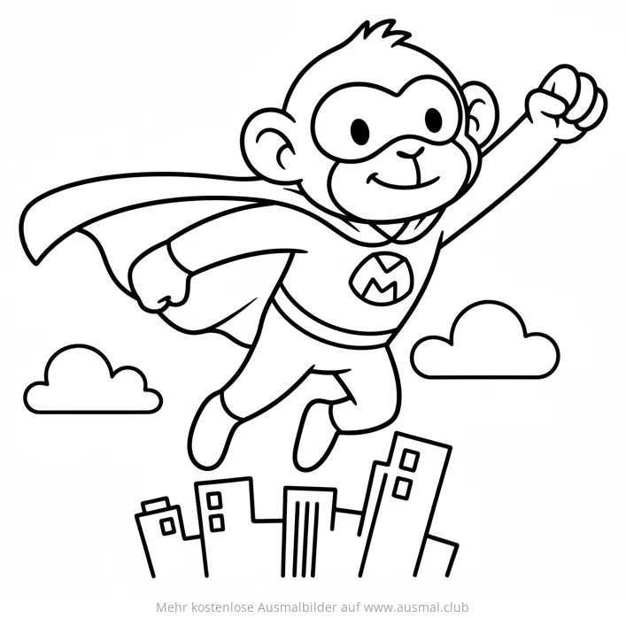Fliegender Affe als Superheld über Stadt Ausmalbild