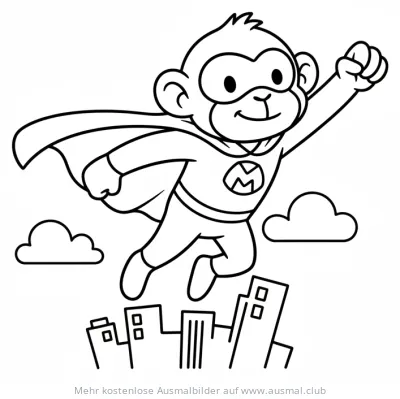 Fliegender Affe als Superheld über Stadt Ausmalbild
