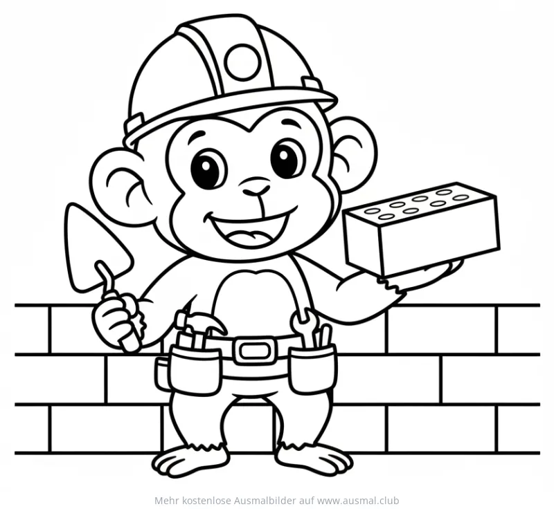 Affe als Bauarbeiter mit Kelle und Ziegelstein Ausmalbild