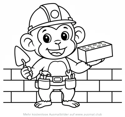 Affe als Bauarbeiter mit Kelle und Ziegelstein Ausmalbild