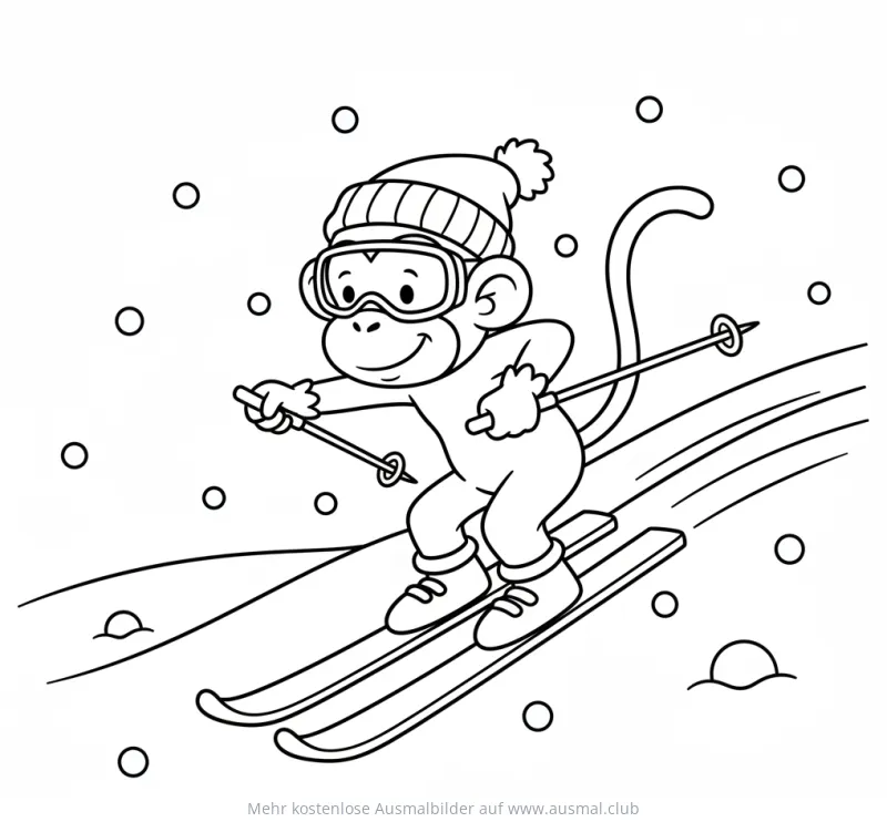 Affe mit Skibrille und Mütze fährt Ski Ausmalbild
