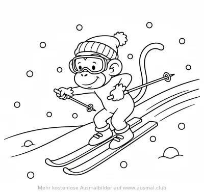 Affe mit Skibrille und Mütze fährt Ski Ausmalbild