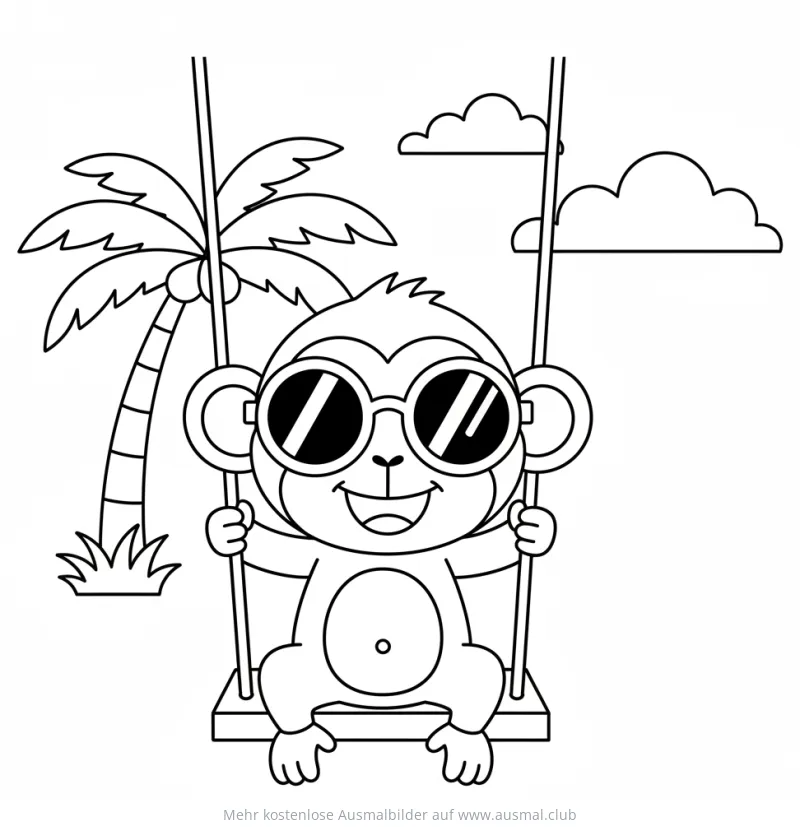 Affe mit Sonnenbrille auf Schaukel vor Palme Ausmalbild