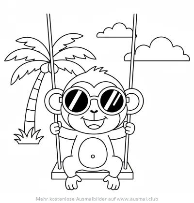 Affe mit Sonnenbrille auf Schaukel vor Palme Ausmalbild