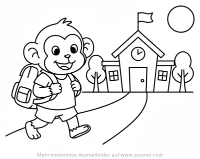 Affe mit Schultasche auf dem Weg zur Schule Ausmalbild