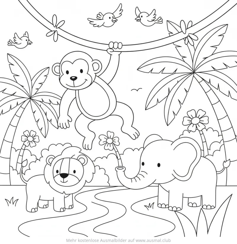 Affe schwingt an Liane mit Löwe und Elefant im Dschungel Ausmalbild