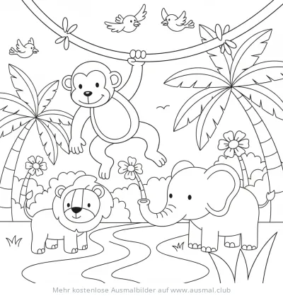 Affe schwingt an Liane mit Löwe und Elefant im Dschungel Ausmalbild