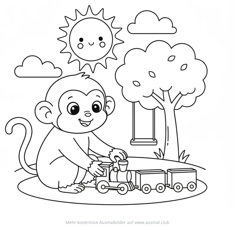 Affe spielt mit Eisenbahn Ausmalbild