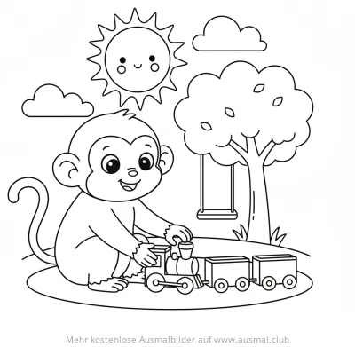 Affe spielt mit Eisenbahn Ausmalbild