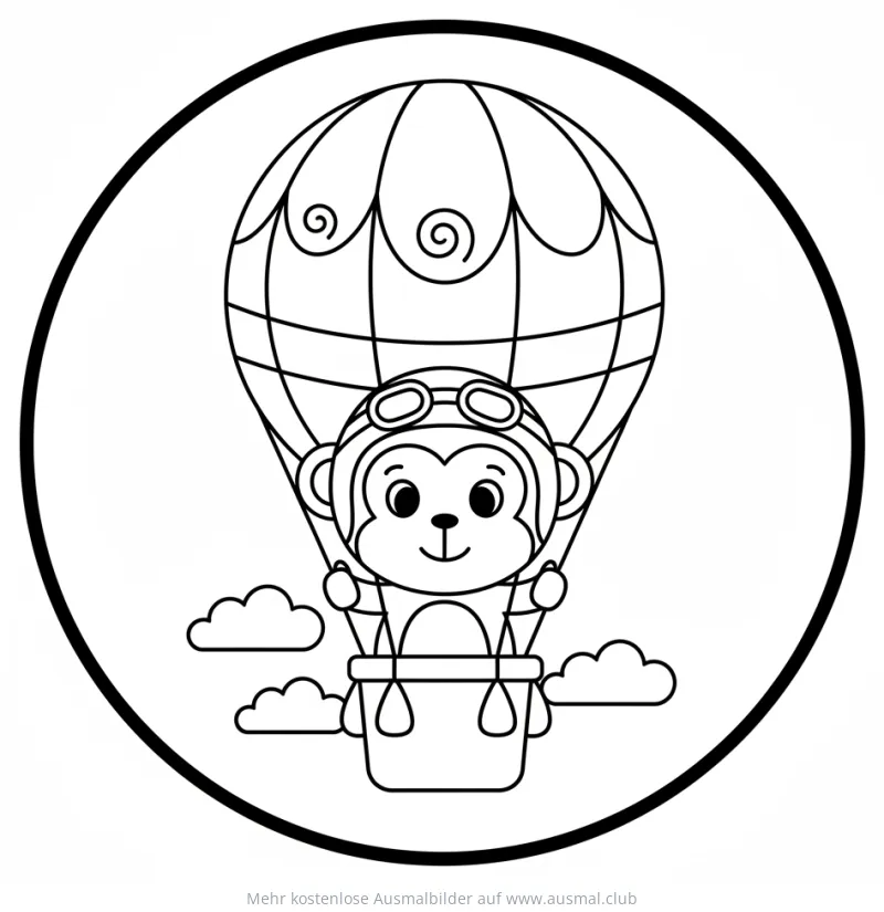 Affe mit Fliegerbrille in Ballonfahrt Ausmalbild