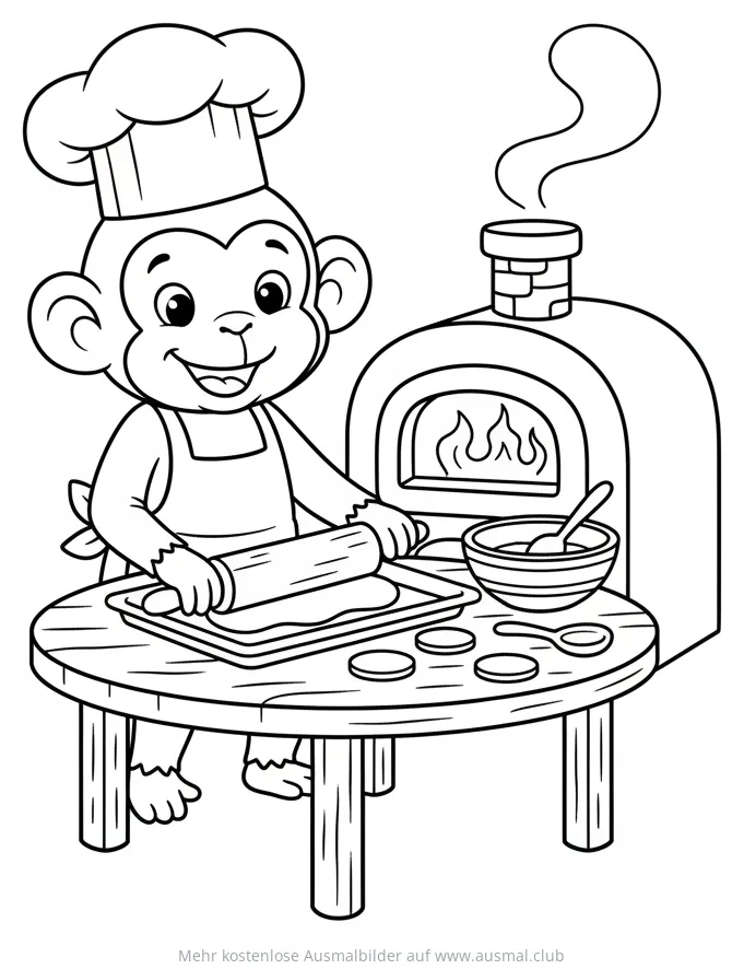 Affe mit Kochmütze backt Plätzchen am Ofen Ausmalbild