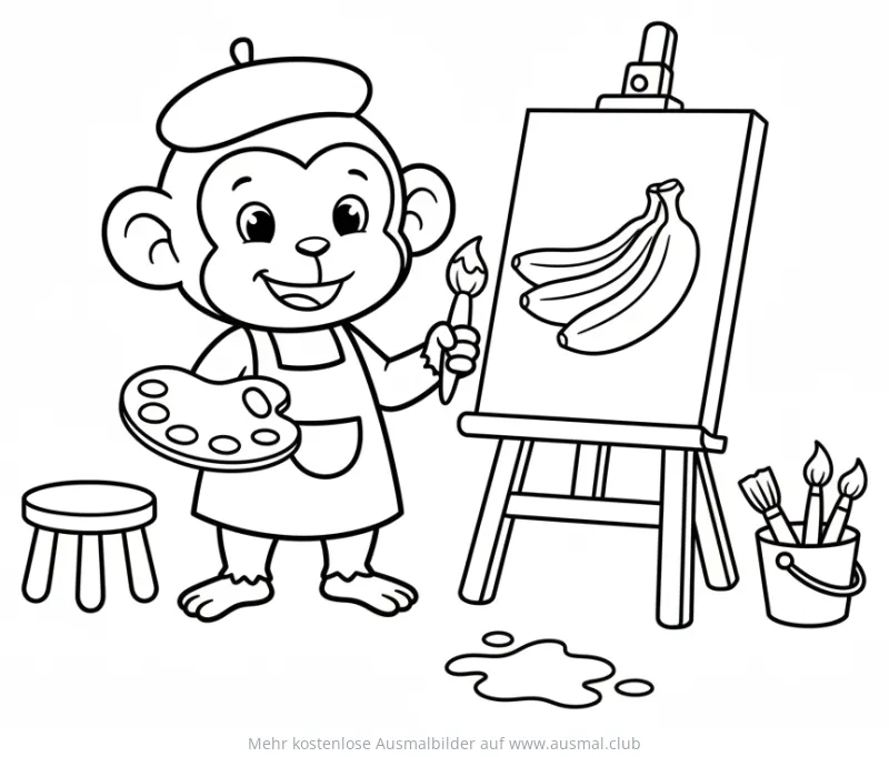 Affe mit Pinsel und Palette malt Bananen auf Leinwand Ausmalbild