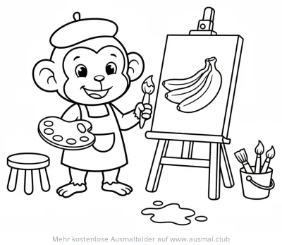 Affe mit Pinsel und Palette malt Bananen auf Leinwand Ausmalbild