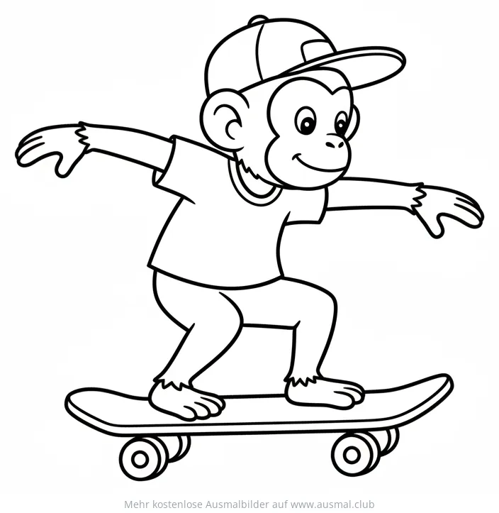 Affe mit Basecap auf Skateboard Ausmalbild