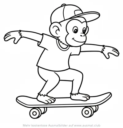 Affe mit Basecap auf Skateboard Ausmalbild