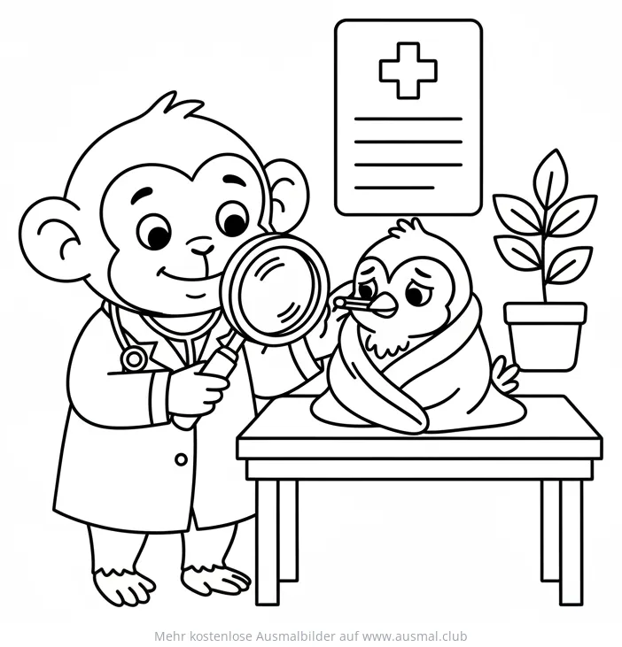 Affe als Doktor untersucht kranken Vogel mit Lupe Ausmalbild