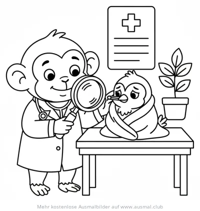 Affe als Doktor untersucht kranken Vogel mit Lupe Ausmalbild