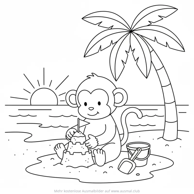 Affe baut Sandburg am Strand Ausmalbild