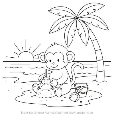 Affe baut Sandburg am Strand Ausmalbild