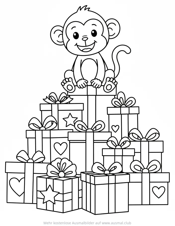 Affe sitzt auf einem Stapel Geschenke Ausmalbild