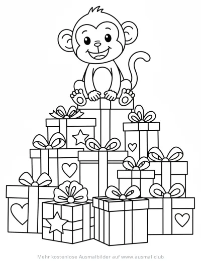 Affe sitzt auf einem Stapel Geschenke Ausmalbild