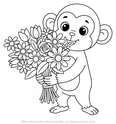 Affe mit Blumenstrauß Ausmalbild