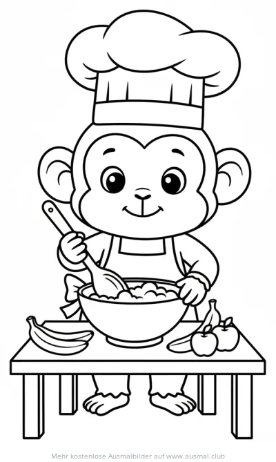 Affe als Bäcker mit Kochmütze und Schüssel Ausmalbild