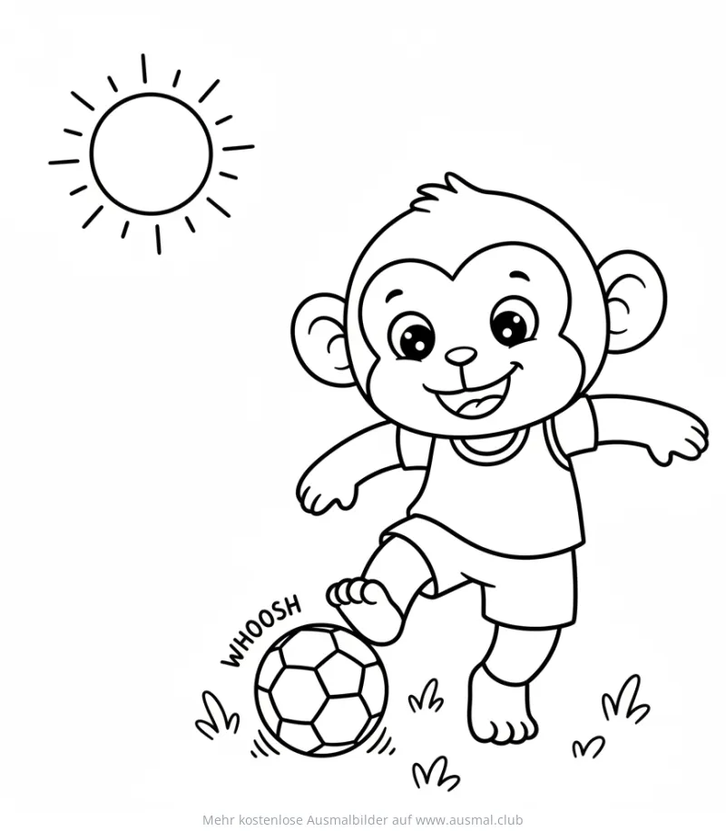 Affe tritt Fußball Ausmalbild mit Sonne