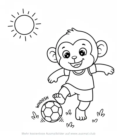 Affe tritt Fußball Ausmalbild mit Sonne