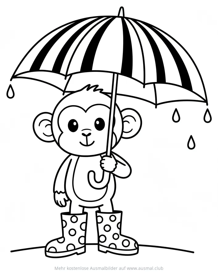 Affe mit Regenschirm und Gummistiefeln Ausmalbild