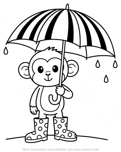 Affe mit Regenschirm und Gummistiefeln Ausmalbild