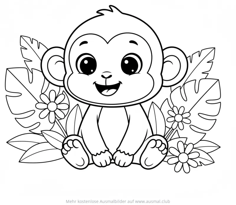 Affe Baby Ausmalbild mit tropischen Blättern und Blumen