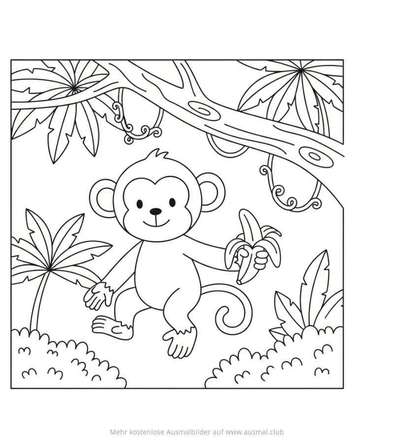 Affe mit Banane im Dschungel Ausmalbild