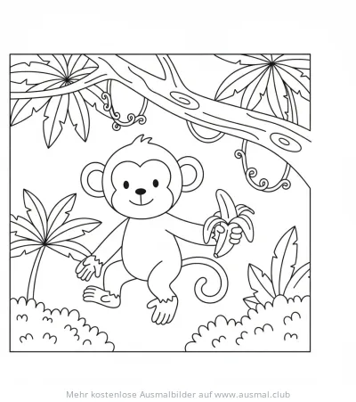 Affe mit Banane im Dschungel Ausmalbild