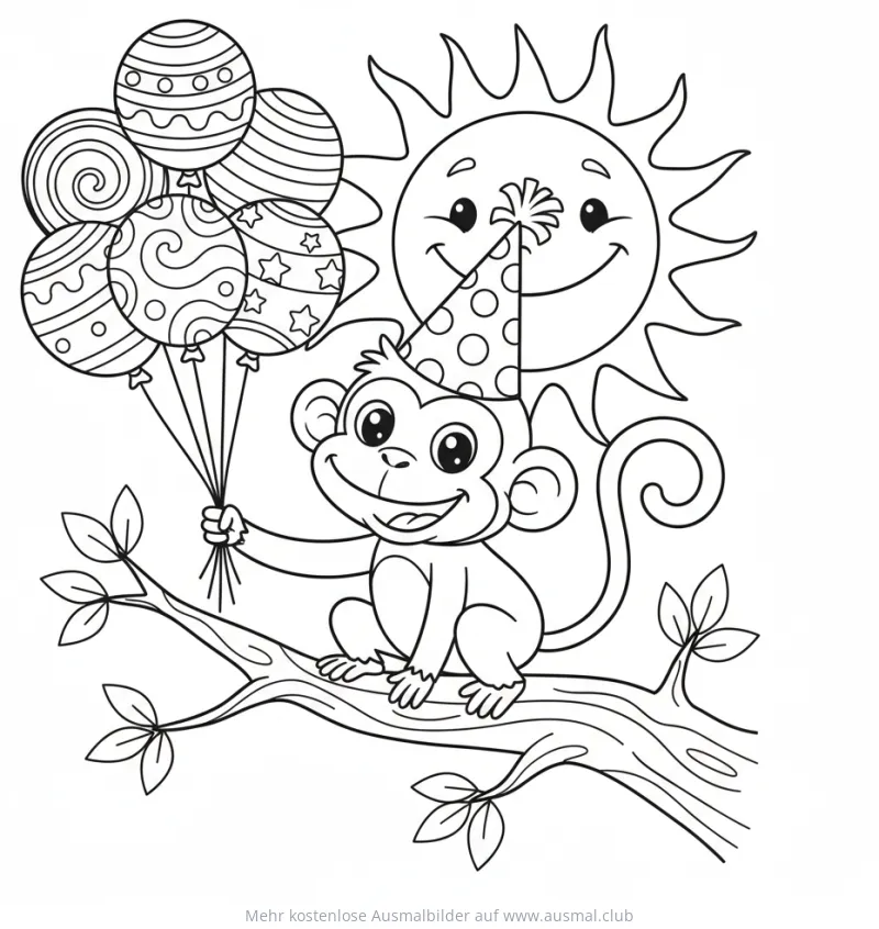Affe mit Luftballons und Sonne Ausmalbild