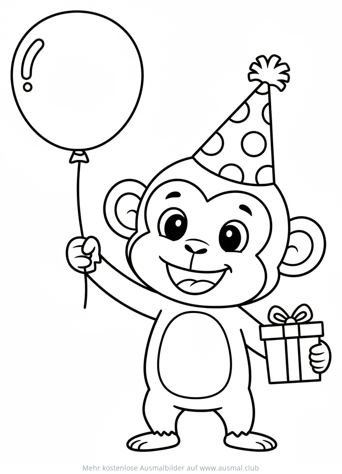 Fröhlicher Affe mit Geburtstagshut, Luftballon und Geschenk Ausmalbild