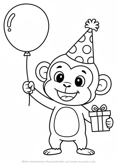Fröhlicher Affe mit Geburtstagshut, Luftballon und Geschenk Ausmalbild