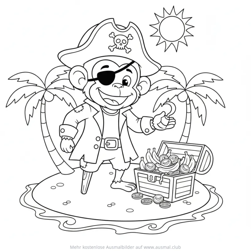 Affe als Pirat mit Schatzkiste voller Bananen Ausmalbild