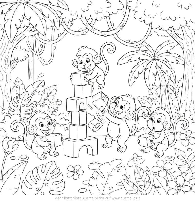 Vier Affen spielen mit Bauklötzen im Dschungel Ausmalbild
