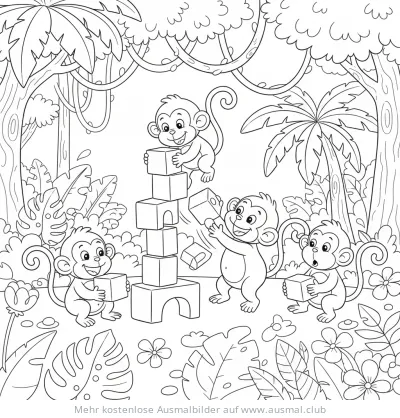 Vier Affen spielen mit Bauklötzen im Dschungel Ausmalbild
