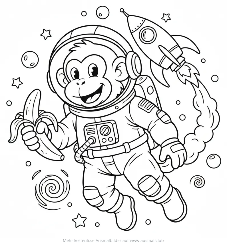 Affe mit Raumanzug und Banane im Weltraum Ausmalbild