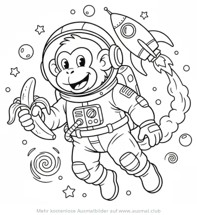 Affe mit Raumanzug und Banane im Weltraum Ausmalbild