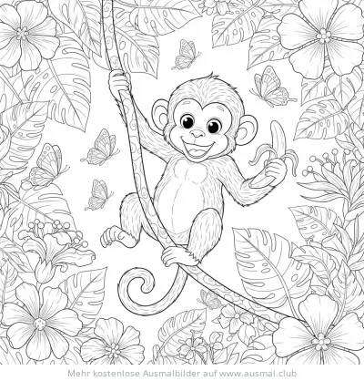 Affe schwingt an Lianen mit Banane Ausmalbild