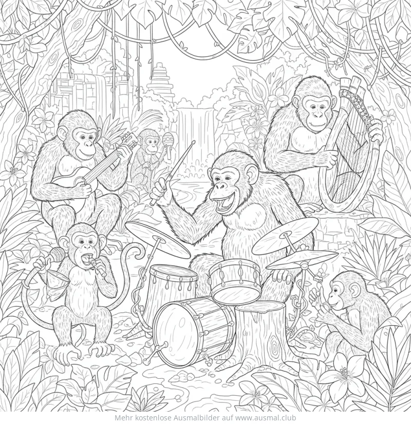 Affenband mit Instrumenten im Dschungel Ausmalbild