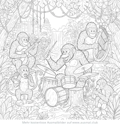 Affenband mit Instrumenten im Dschungel Ausmalbild