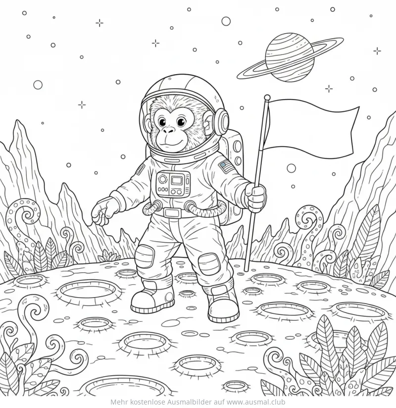 Affe im Astronautenanzug mit Flagge auf Mondlandschaft Ausmalbild