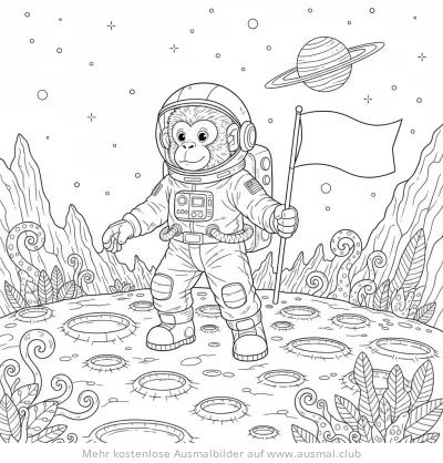 Affe im Astronautenanzug mit Flagge auf Mondlandschaft Ausmalbild