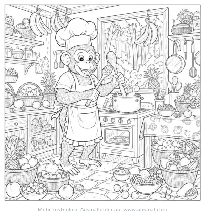 Affe als Koch in Küche Ausmalbild